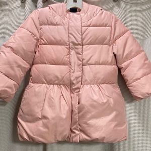 Baby Gap Puffy Pink coat Size 3T w hood peplum zip and snap front fleece lined
